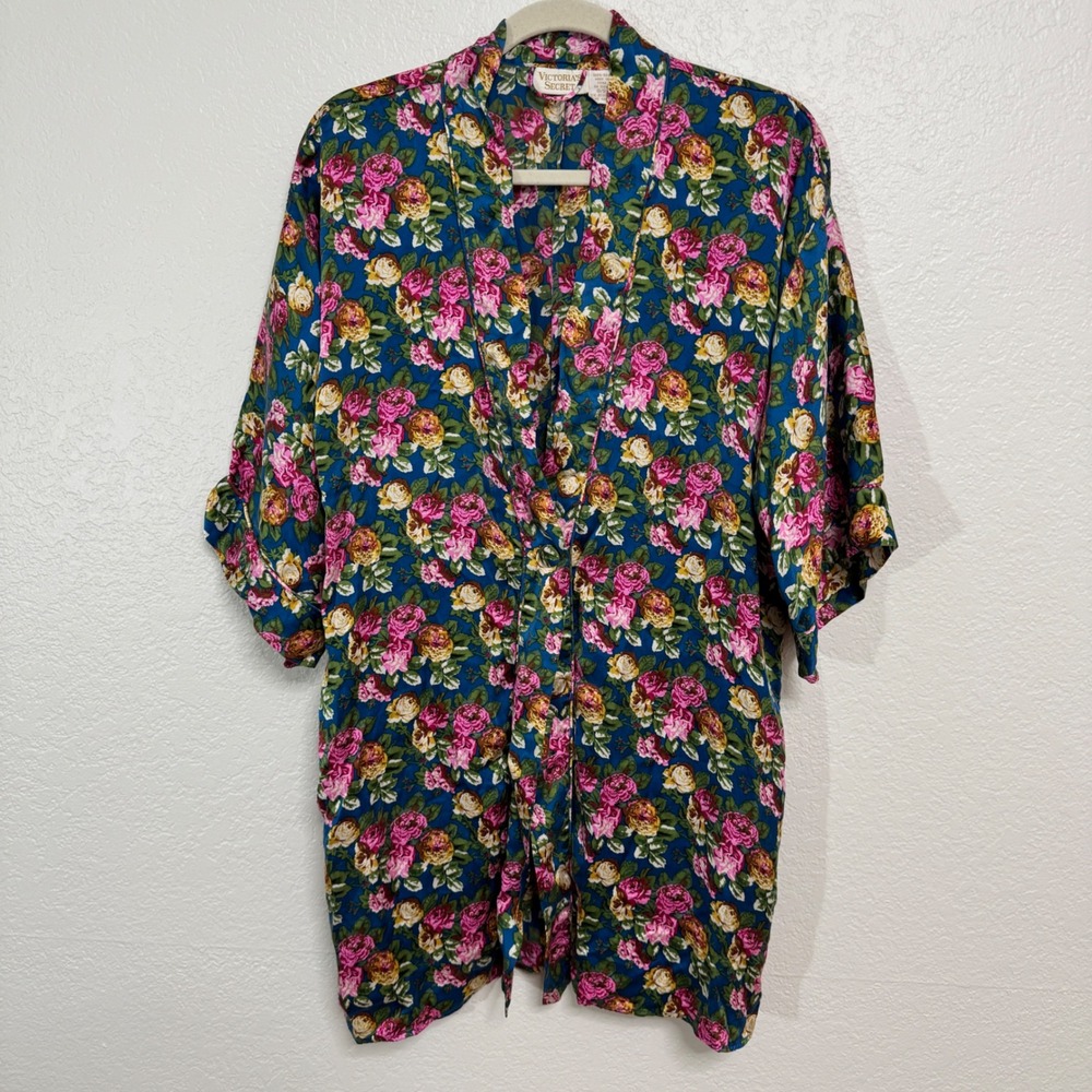 Victoria's Secret Robe Womens OS Blue Silk Floral Vintage Gold Label Kimono